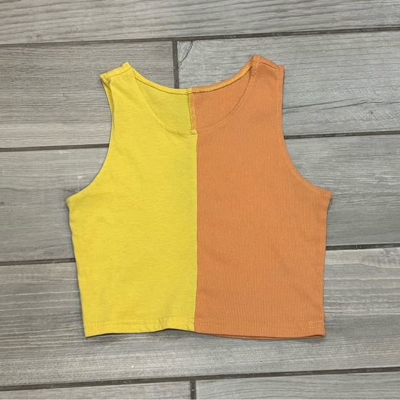 Tops - Colorblock Cropped Tank Top Yellow Orange XS
